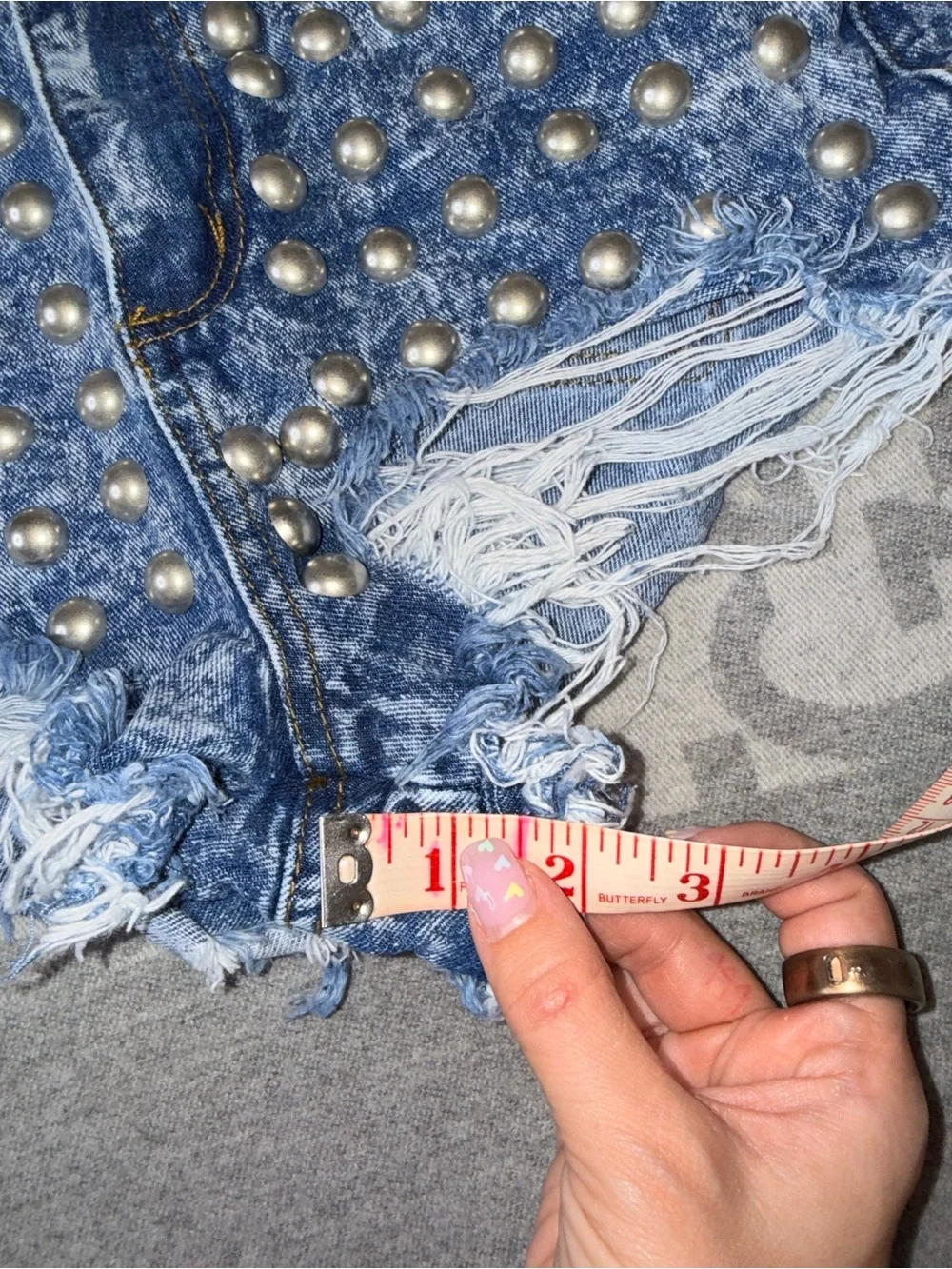 Metal Stud Embellished Distressed Denim Shorts - Picture 8 of 10